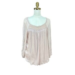 Elena Baldi Italy Pink Crinkle Peasant Blouse Crochet Lace Trim Long Sleeve L